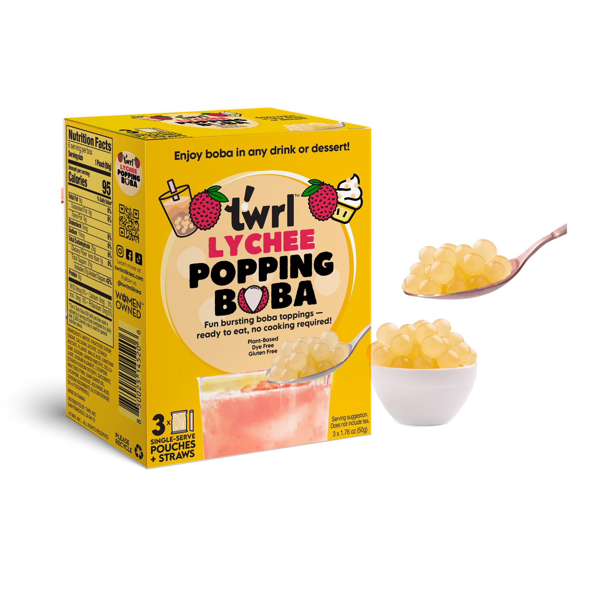 Lychee Popping Boba 3-Pack with Straws