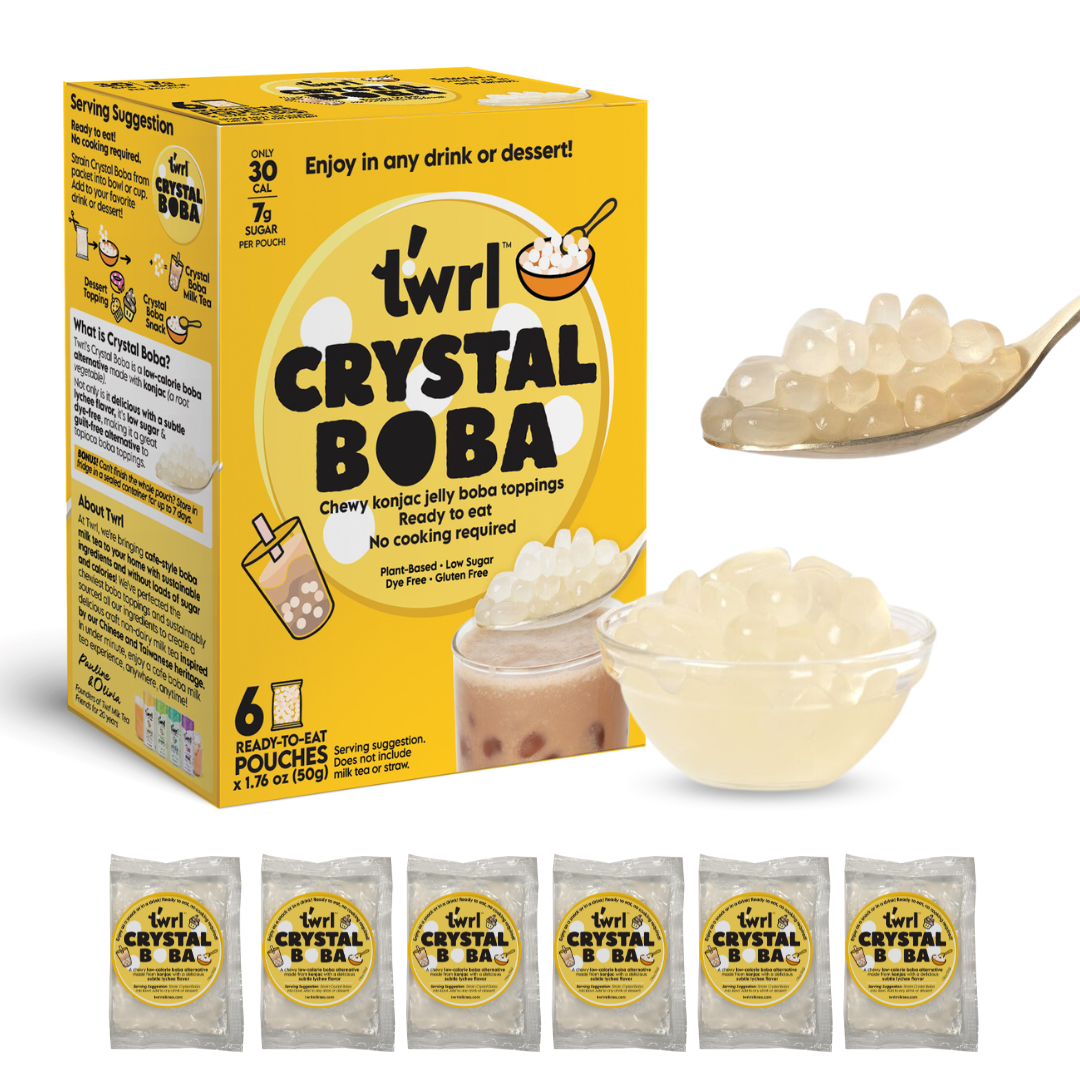 Packaging of Twrl Crystal Boba 6-Pack with visual representation of the product in a spoon and packets.