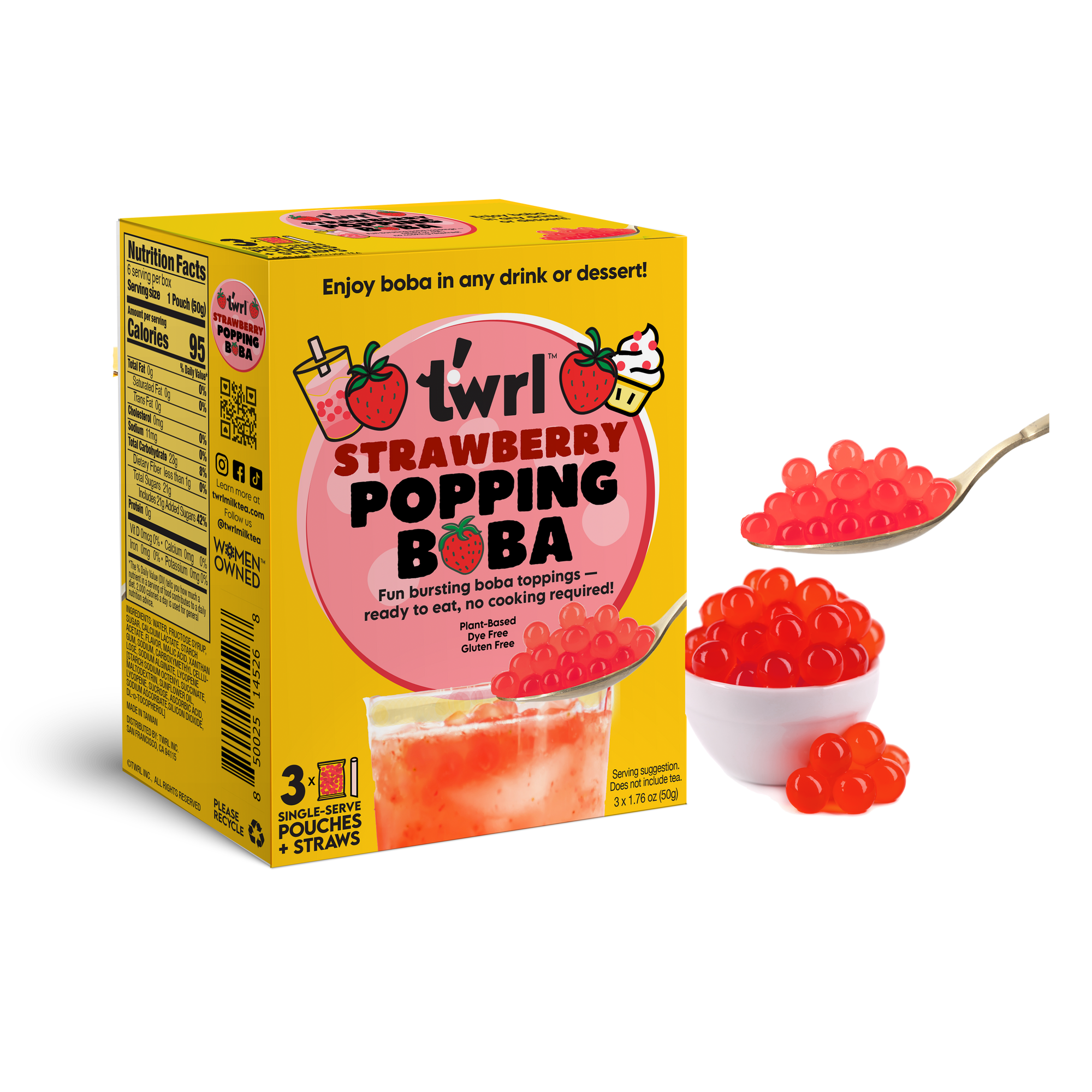 Strawberry Popping Boba 3-Pack with Straws